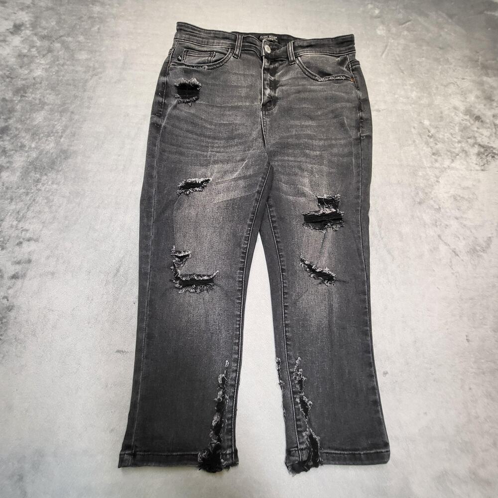 Judy Blue Jeans Womens 9 Black Capri Slim Charcoal Wash Distressed Stretch